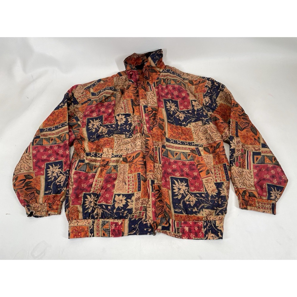 Fuda International Silk Leaves Flowers Print Full Zip Jacket‎ Womens M Orange